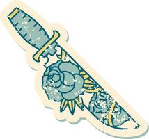 ikoniska bedrövad klistermärke tatuering stil bild av en dolk och blommor vektor
