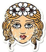 Distressed Sticker Tattoo im traditionellen Stil des weiblichen Gesichts mit Blumenkrone vektor