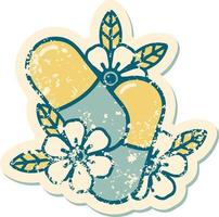 ikonisches Distressed Sticker Tattoo Style Bild von Pillen und Blumen vektor