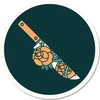 klistermärke av tatuering i traditionell stil av en dolk och blommor vektor