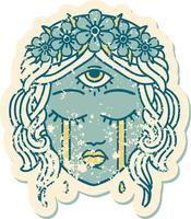 ikoniska bedrövad klistermärke tatuering stil bild av kvinna ansikte med mystiker tredje öga gråt vektor