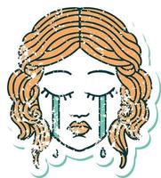ikoniska bedrövad klistermärke tatuering stil bild av kvinna ansikte gråt vektor