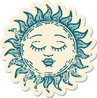 ikoniska bedrövad klistermärke tatuering stil bild av en Sol vektor