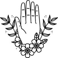 tatuering i svart linje stil av en hand och blomma vektor