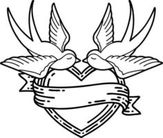tatuering i svart linje stil av sväljer och en hjärta med baner vektor