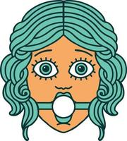 ikoniska tatuering stil bild av kvinna ansikte bär en boll gag vektor