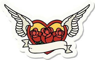 klistermärke av tatuering i traditionell stil av en flygande hjärta med blommor och baner vektor