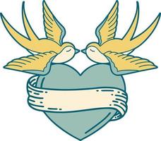 ikonisches Bild im Tattoo-Stil von Schwalben und einem Herzen mit Banner vektor