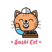 süße katze beißt ein sushi und trägt ein japanisches kochmützen-cartoon-logo vektor