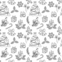 Weihnachtsgekritzelmuster. Vektor nahtloser schwarz-weißer Hintergrund mit handgezeichneten Weihnachtsfeiertagselementen. Weihnachtsdesign-Objekte. gekritzel wiederholen sie die illustration