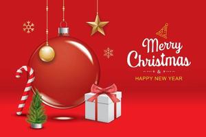 Glaskugel der frohen Weihnachten und Dekorationsgegenstand für Fliegerbroschürendesign auf rotem Hintergrundeinladungsthemakonzept. frohe feiertagsgrußfahne und kartenvorlage. vektor