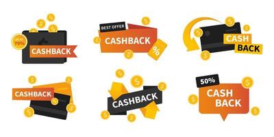 Vektorset mit Cashback-Etiketten. Business-Cash-Back-Icon-Sammlung. Rückgabe von Geld aus Einkäufen. moderne Cashback-Banner. vektor