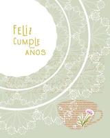 lycklig Cumpleanos Lycklig födelsedag, skriven i spanska språk, vykort årgång collage med spets och kopp kaffe blomma. vektor