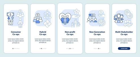 typer av företag co-ops ljus blå onboarding mobil app skärm. genomgång 5 steg grafisk instruktioner sidor med linjär begrepp. ui, ux, gui mall. vektor