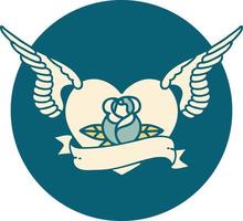 ikoniska tatuering stil bild av en flygande hjärta med blommor och baner vektor
