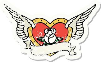 bedrövad klistermärke tatuering i traditionell stil av en flygande hjärta med blommor och baner vektor