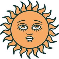 ikonisches Tattoo-Stil-Bild einer Sonne mit Gesicht vektor