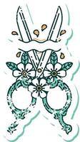 ikoniska bedrövad klistermärke tatuering stil bild av barberare sax och blommor vektor