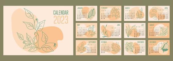 vektor horisontell kalender 2023 trendig abstrakt former med hand dragen botaniska växter. vecka börjar på söndag.