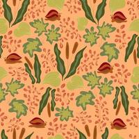 Nahtloses Muster mit tropischen Pflanzen und Blättern auf dem orangefarbenen Hintergrund. vektor