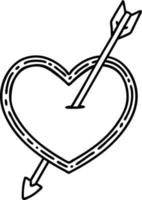 tatuering i svart linje stil av ett pil och hjärta vektor