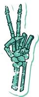 ikonisches, beunruhigtes Bild im Tattoo-Stil eines Skeletts, das ein Friedenszeichen gibt vektor