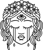 Tätowierung im schwarzen Linienstil des weiblichen Gesichts mit dem mystischen dritten Auge, das weint vektor