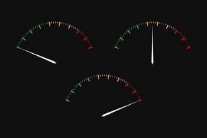 Satz einfacher Vektortachometer mit Anzeigen in rotem, gelbem und grünem Teil, Tachometersymbol, Symbol für Leistungsmessung auf schwarzem Hintergrund vektor