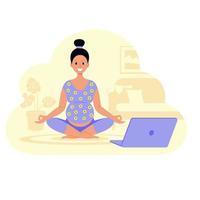 schwangere frau praktiziert yoga zu hause online, laptop. Vektorvorratillustration. vektor