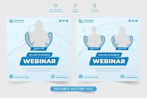 Online-Business-Webinar-Design für digitales Marketing. kreativer Webinar-Vektor für Unternehmenspräsentationen. moderner Business-Seminar-Webinar-Social-Media-Post-Vektor mit blauer Farbe. vektor