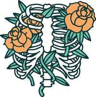 Tattoo-Stil-Ikone eines Brustkorbs und Blumen vektor