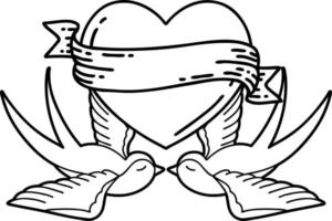 svart linje tatuering av en sväljer och en hjärta med baner vektor