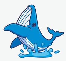 Süßer Blauwal, der aus dem Wasser springt. isolierte karikaturtierillustration. flaches Aufkleber-Icon-Design Premium-Logo-Vektor. Maskottchen Charakter vektor