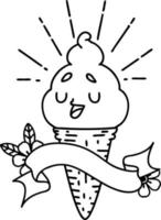 Scroll-Banner mit Eiscreme-Charakter im Tattoo-Stil mit schwarzer Linie vektor
