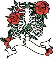 traditionell tatuering med baner av en revben bur och blommor vektor