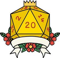 Retro-Tattoo-Stil natürliche 20 kritische Treffer d20 Würfelwurf vektor