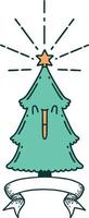 Scroll-Banner mit Weihnachtsbaum im Tattoo-Stil mit Stern vektor