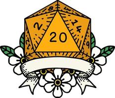 Retro-Tattoo-Stil natürliche 20 kritische Treffer d20 Würfelwurf vektor