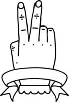 Schwarz-Weiß-Tattoo-Linework-Stil Sieg v Handgeste mit Banner vektor