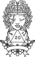 Schwarz-Weiß-Tattoo-Linework-Stil Elfen-Barbar-Charakter mit natürlichen Zwanzig-Würfel-Rollen vektor