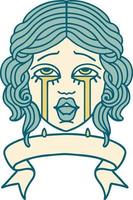 Traditionelles Tattoo mit Banner eines sehr glücklichen weinenden weiblichen Gesichts vektor