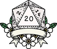 Retro-Tattoo-Stil natürliche 20 kritische Treffer d20 Würfelwurf vektor