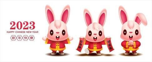 2023 kinesisk ny år. söt liten kanin hälsning hand och innehav röd kinesisk skrolla. år av de kanin zodiaken tecknad serie uppsättning vektor