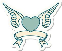 tatuering klistermärke med baner av en hjärta med vingar vektor