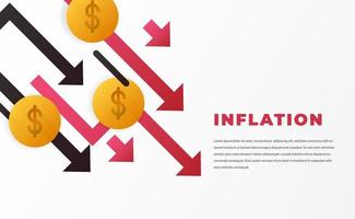 Wirtschaftscrash, Inflation, bankrotte Finanzkrise mit Abwärtstrendpfeil mit Dollargeldkonzept mit weißem Hintergrund vektor