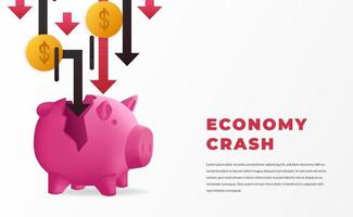 Wirtschaftscrash-Konzept mit Fallpfeil und Geld mit Sparschwein für globale Krise, Inflation, Abwärtstrend, bankrott mit weißem Hintergrund vektor