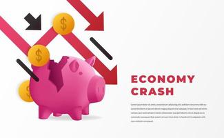 Wirtschaftscrash-Konzept mit Fallpfeil und Geld mit Sparschwein für globale Krise, Inflation, Abwärtstrend, bankrott mit weißem Hintergrund vektor