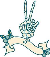 Tätowierung mit Banner einer Skeletthand, die ein Friedenszeichen gibt vektor