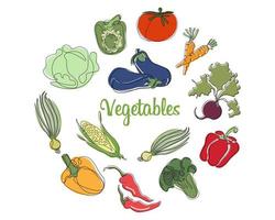 satz gemüse, symbole. Kohl, Auberginen, Mais, Zwiebeln, Karotten. schwarzer Umriss mit Farbe, Vektor