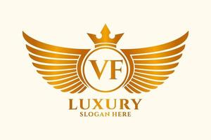 luxus königlicher flügelbuchstabe vf wappengoldfarbe logovektor, siegeslogo, wappenlogo, flügellogo, vektorlogovorlage. vektor